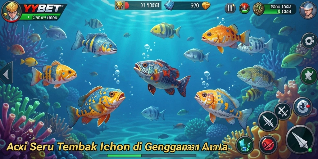 Tampilan gameplay <strong>YYBET</strong> saat menembak ikan di lautan.
